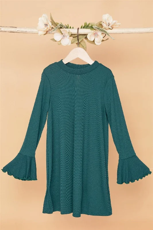 Little Girls Green Ribbed Long Sleeve Sweater Dress