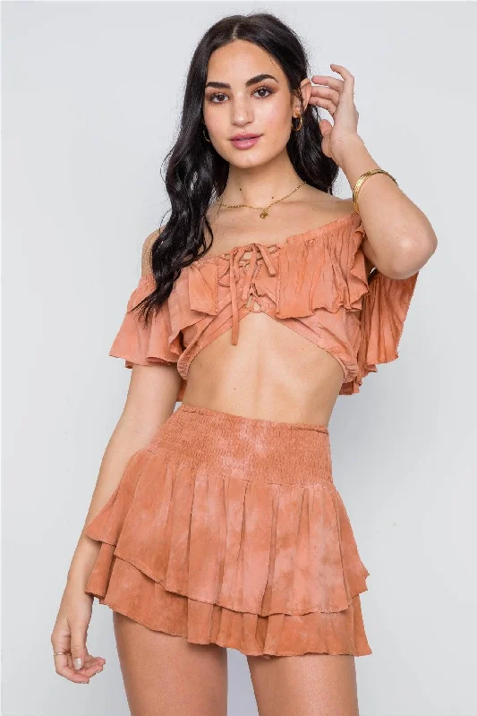 Tan Frill Mini Skort With Flounce Crop Top Two Piece Set /3-2-1