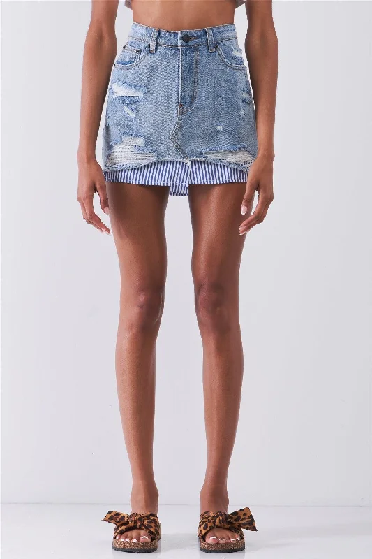 Washed Light Denim Combo High Waist Distressed Raw Hem Striped Underlining Detail Mini Skirt /3-1-1