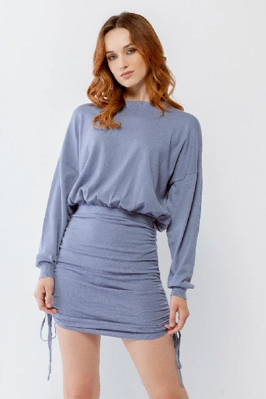 Dusty Blue Ruched Crew Neck Long Sleeve Mini Dress /3-2-1