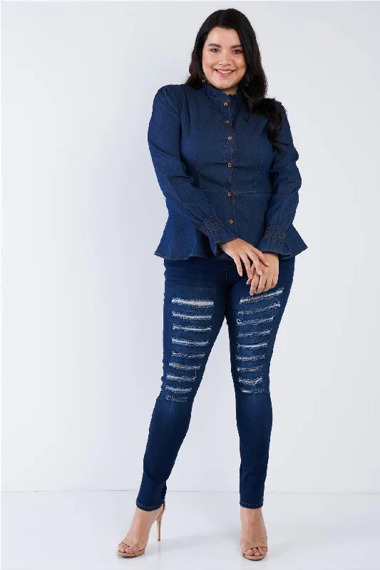 Plus Size Denim Blue Vintage Front Button Sleeve Jean Peplum Top  /3-1-1