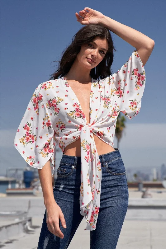 White Floral Print Plunge Neck Self-Tie Front Wide Sleeve With Slit Cropped Top /2-2-2