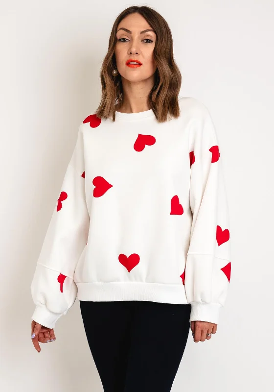 Serafina Collection One Size Heart Print Sweatshirt, White & Red