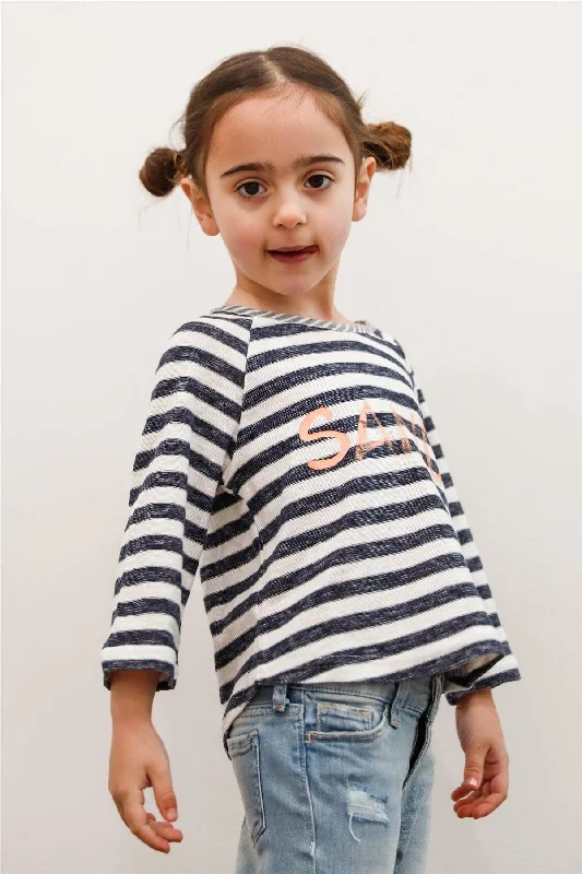 Little Girls Navy & White Stripe "Sand" Print Long Sleeve Top