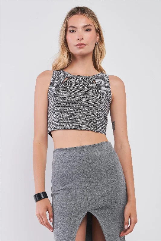 Grey & Black Tweed Glitter Weave Sleeveless Crew Neck Cut-Out Crop Top /1-2-2-1