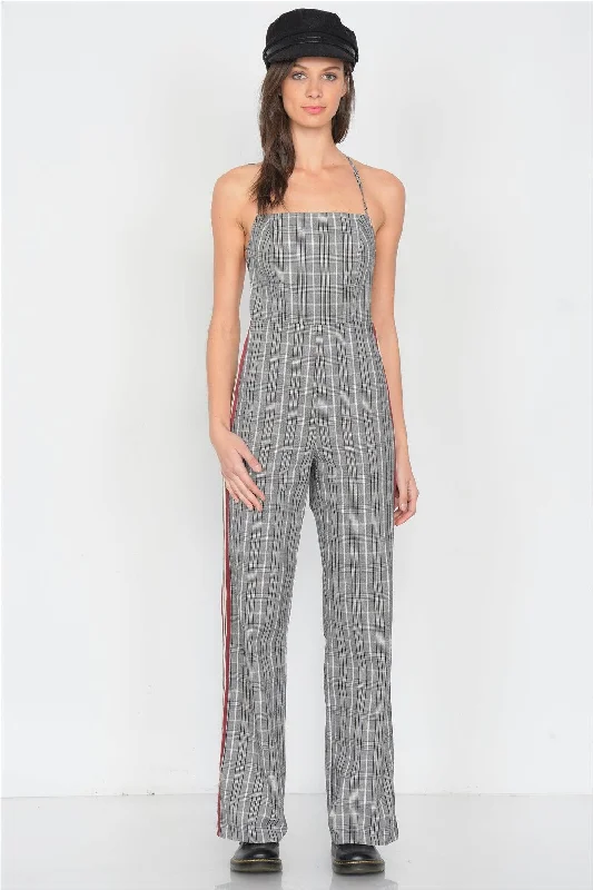 Checkered Wine & White Color Block Cotton Jumpsuit /3-2-1