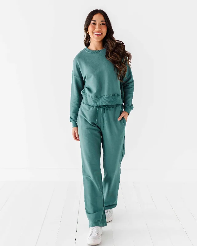 Women's Cropped Sweatshirt & Wide Leg Jogger Pants Set - Teal