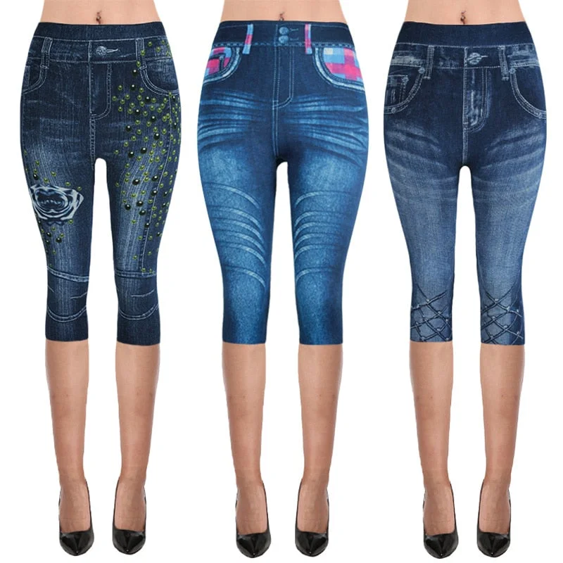 Womens Denim Look Capri Leggings/Jeggings