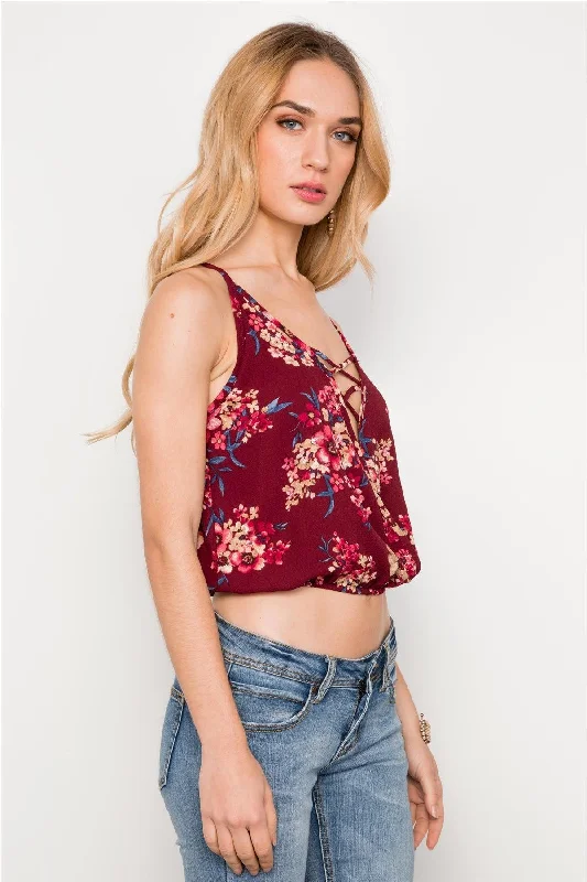 Burgundy Surplice Strappy Neck Cami Boho Crop Top /2-2-2