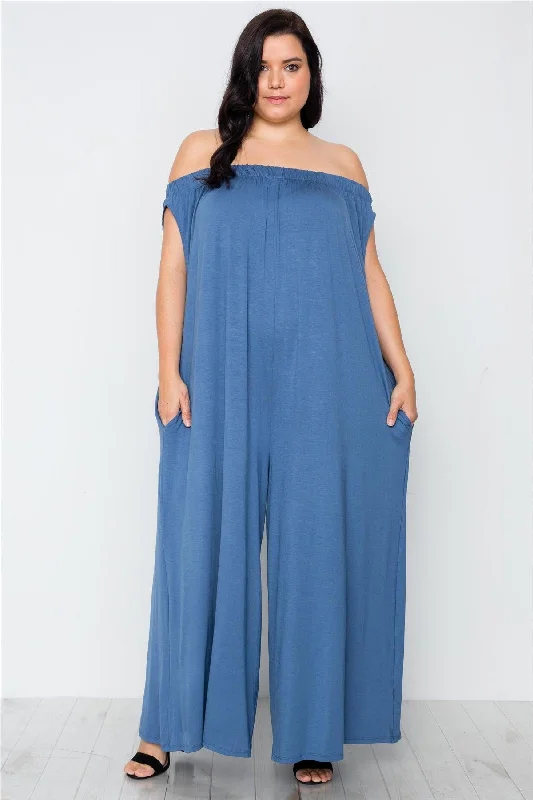 Plus Size Denim Blue Basic Off-The-Shoulder Jumpsuit