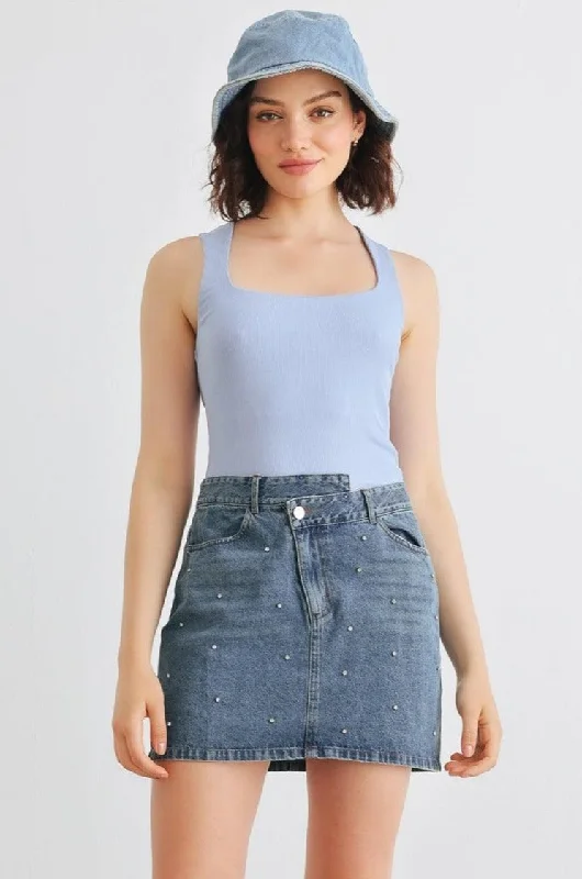 Denim Rhinestone Cotton Asymmetrical High Waist Mini Skirt /1-2-2-1