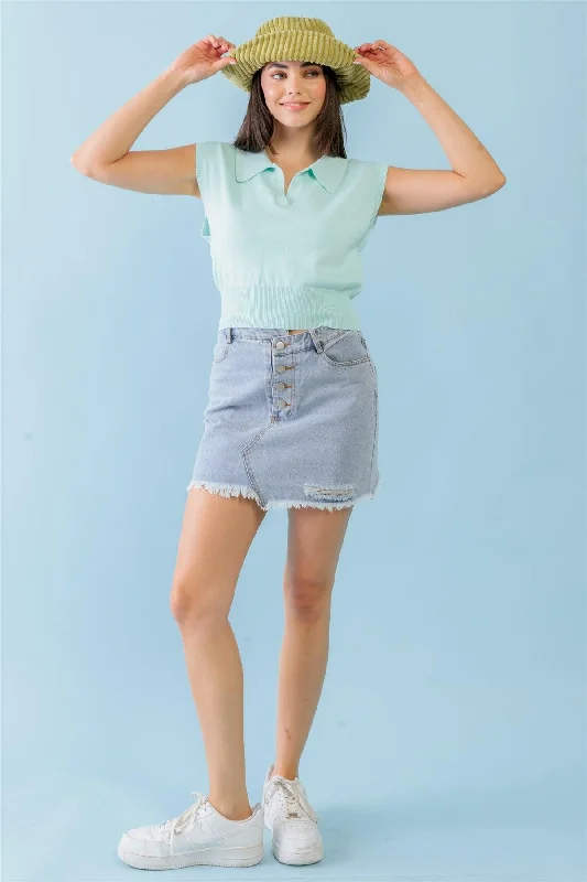 Aqua Sleeveless Collared Neck Crop Top /2-2-1