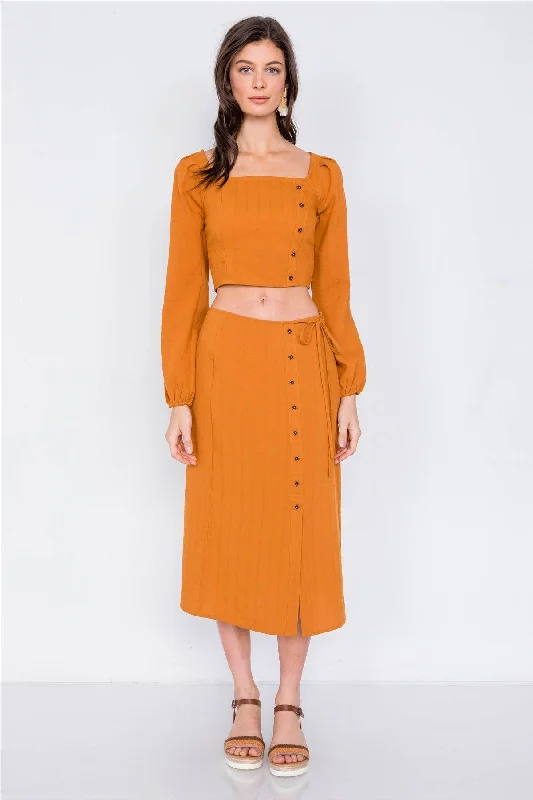 Rust Side Button Square Neck Crop Top & Midi Chic Skirt /2-2-2