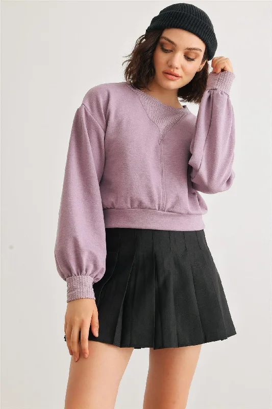 Lavender Long Sleeve Crew Neck Crop Pullover Top /1-1-2-1