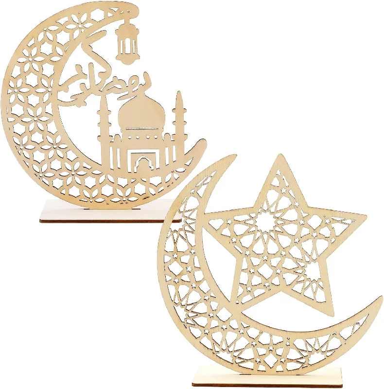 American Elm 2 Sets Eid Mubarak Wooden Ornament Ramadan Kareem Decoration Moon Star Hanging Pendant Happy Eid Wood Tabletop Decor