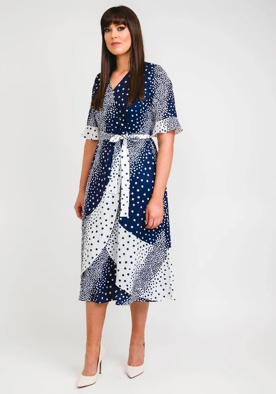 Lizabella Colour Block Polka Dot Print Wrap Midi Dress, Navy & White