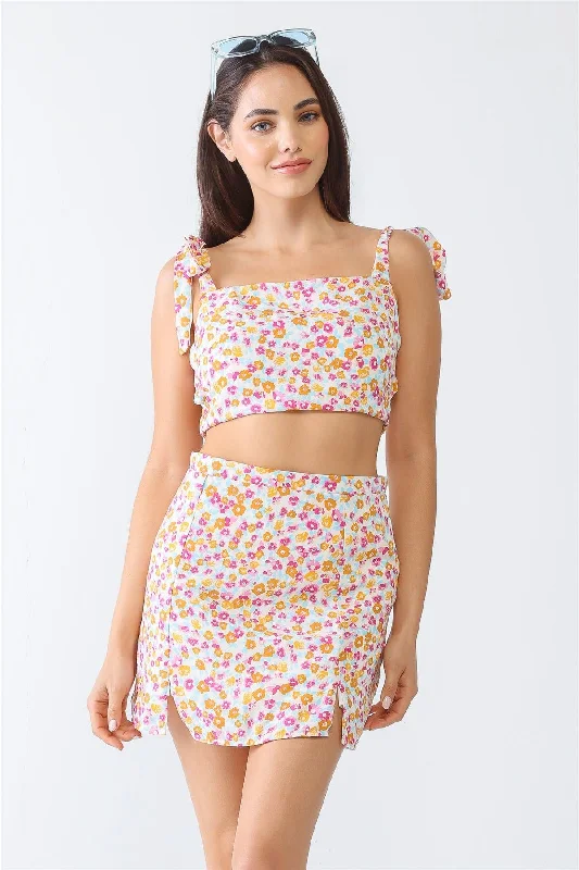 White & Fuchsia Ditsy Print Open Back Crop Top & High Waist Mini Skirt Set /3-2-1