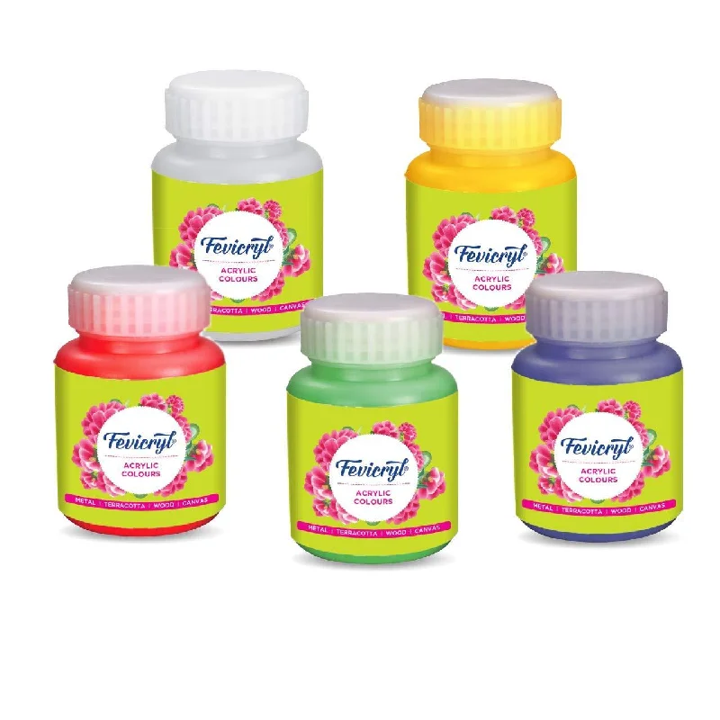 Fevicryl acrylic colours set of Coral Red, Dark Green, Prussian Blue, Golden Yellow & White (100ml Each).