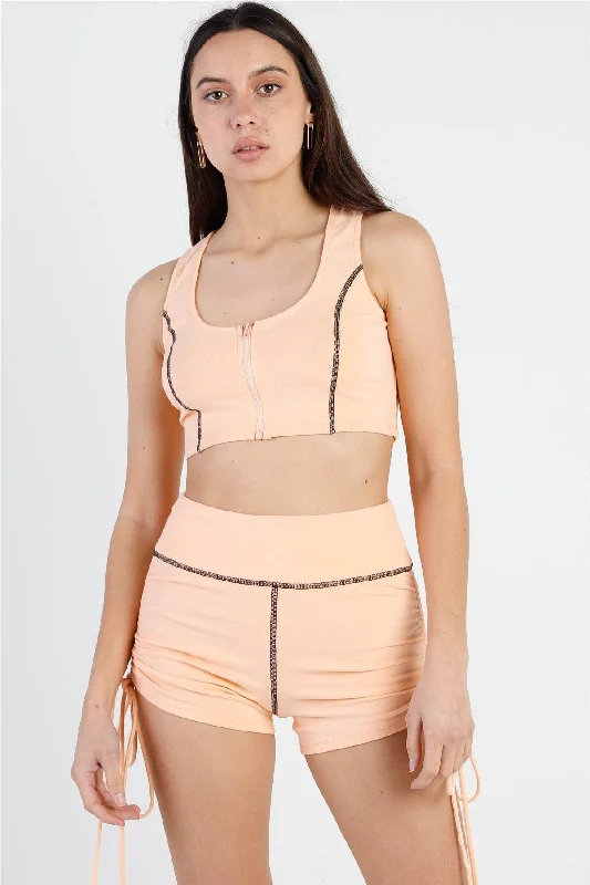 Orange Contrast Stitch Zip-Up Racer Back Crop Top & Ruched Details Short Set /3-2-1