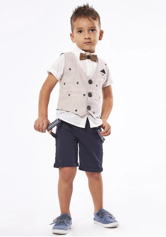 Hashtag Boy Shirt Waistcoat and Short Set, Beige