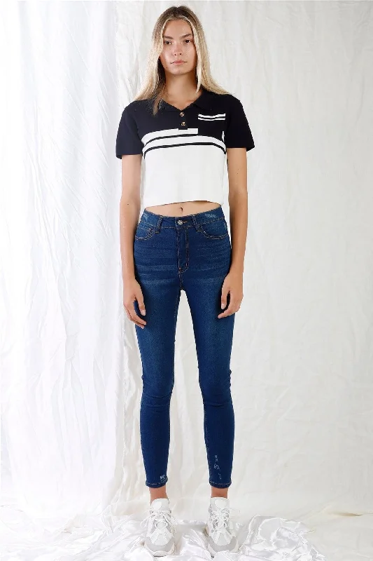 Dark Blue High-Waisted With Rips Skinny Denim Jeans /1-3-3-2-1-1-1