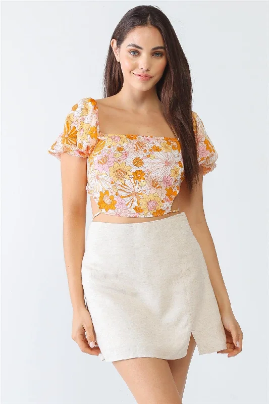 White & Orange Floral Print Textured Open Self-Tie Back Crop Top /3-2-1