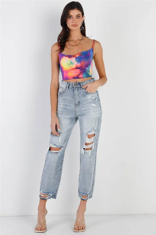 Multi Color Neon Tie-Dye Lurex Cowl Neck Sleeveless Crop Top /2-2-1