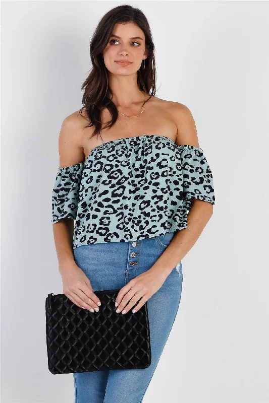 Blue & Black Leopard Print Off-The-Shoulder Crop Top /2-2-2