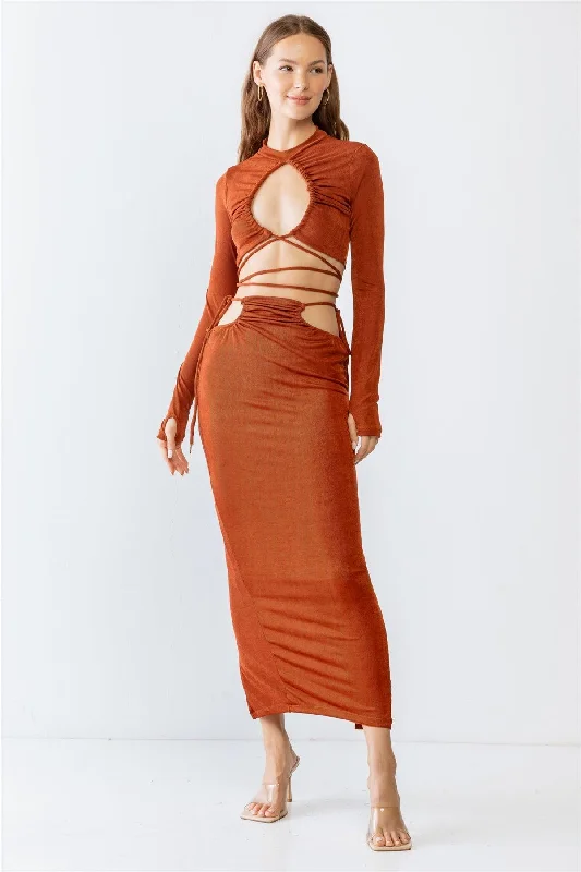 Rust Self-Tie Maxi Skirt & Long Sleeve Cut-Out Crop Top Set /3-2-1