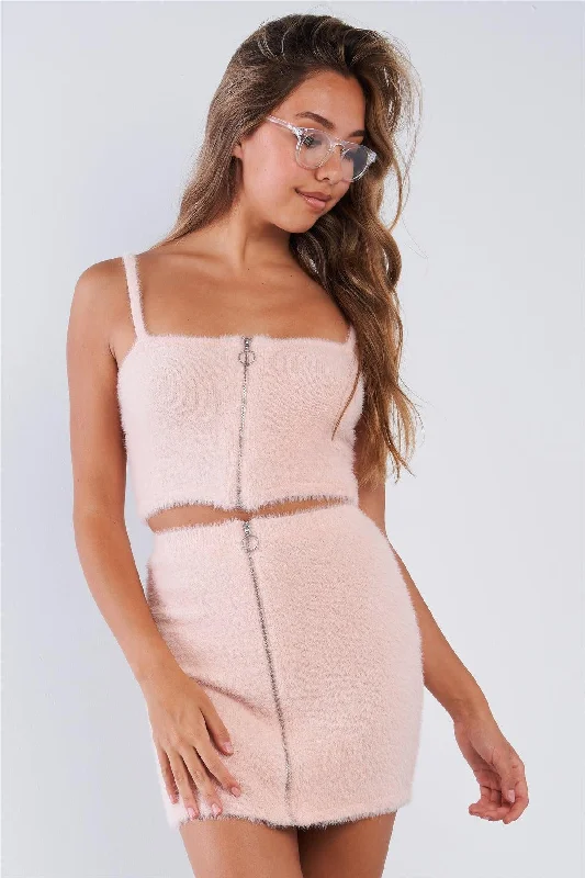 Fuzzy Cotton Candy Pink Zipper Cami Strap Crop Top Mini Skirt Set /3-2-1