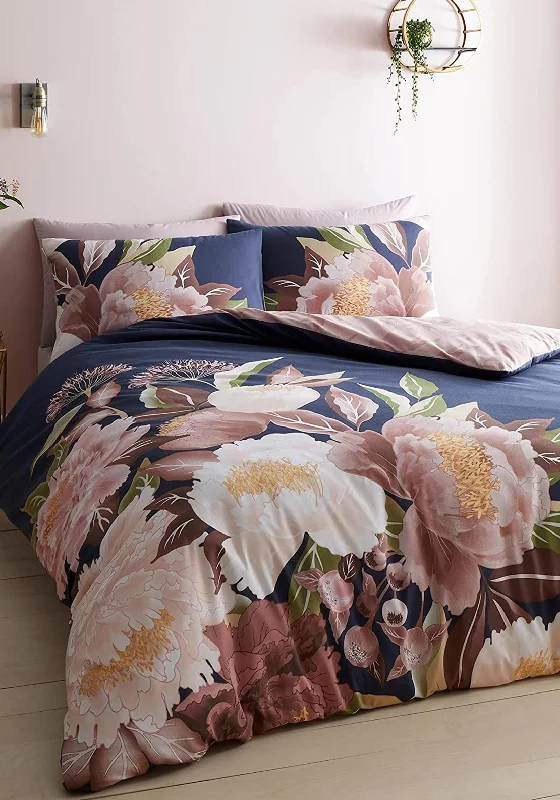 Catherine Lansfield Opulent Floral Reversible Double Duvet Set, Navy