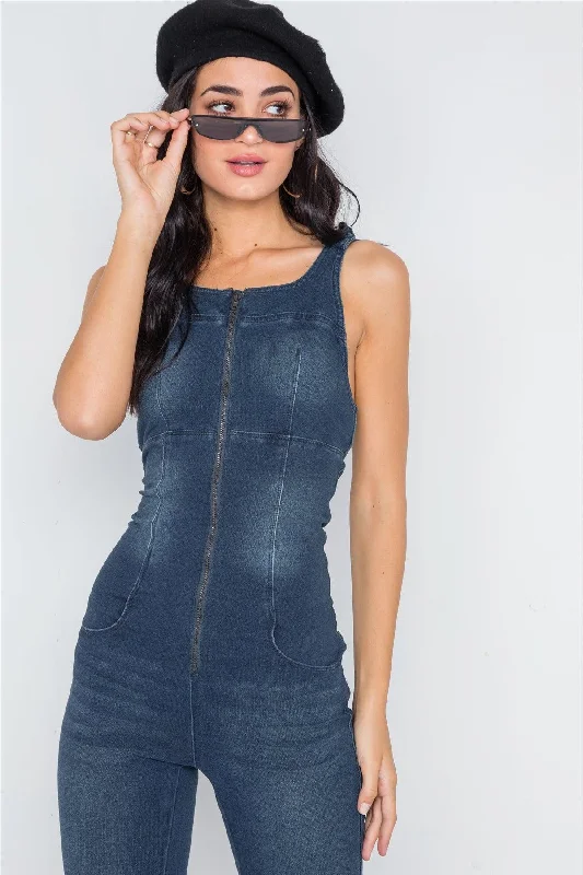 Dark Denim Stretch Zip Up Skinny Leg Jumpsuit /4-2-1