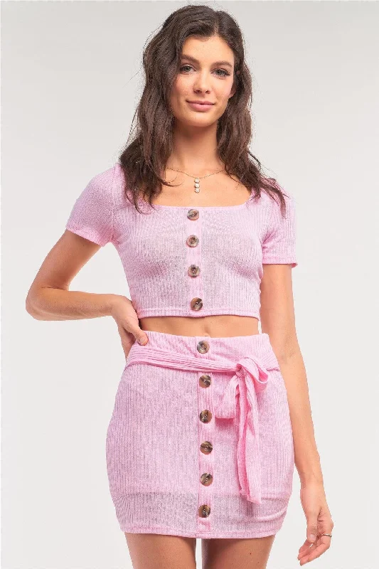 Pink Ribbed Scoop Neck Button Down Crop & Mock Wrap Mini Skirt Set /1-2-2-1