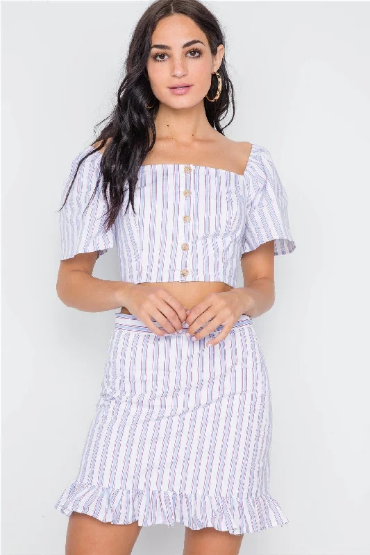 Blue Red Stripe Two Piece Crop Top Ruffle Skirt Set /3-2