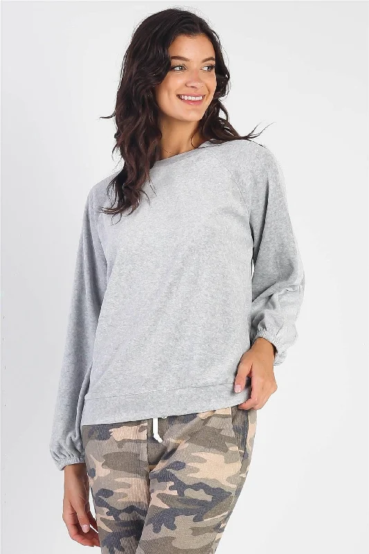 Heather Cotton Blend Velour Balloon Long Sleeve Top