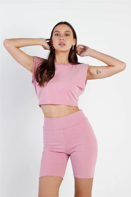 Pink Padded Shoulder Crop Top & Biker Short Set /2-2-2