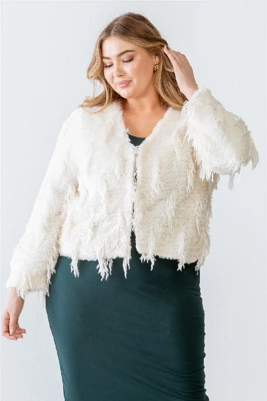 Junior Plus Cream Feathered Fringe V-Neck Long Sleeve Cardigan Sweater /2-3-1