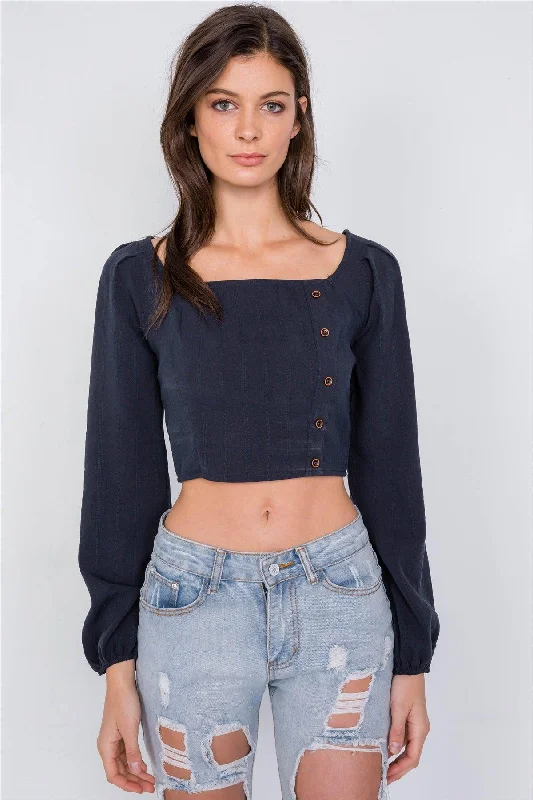 Navy Side Button Square Neck Chic Crop Top /2-2-2