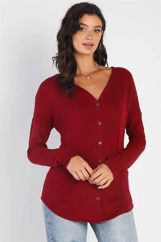 Burgundy V-Neck Long Sleeve Cardigan