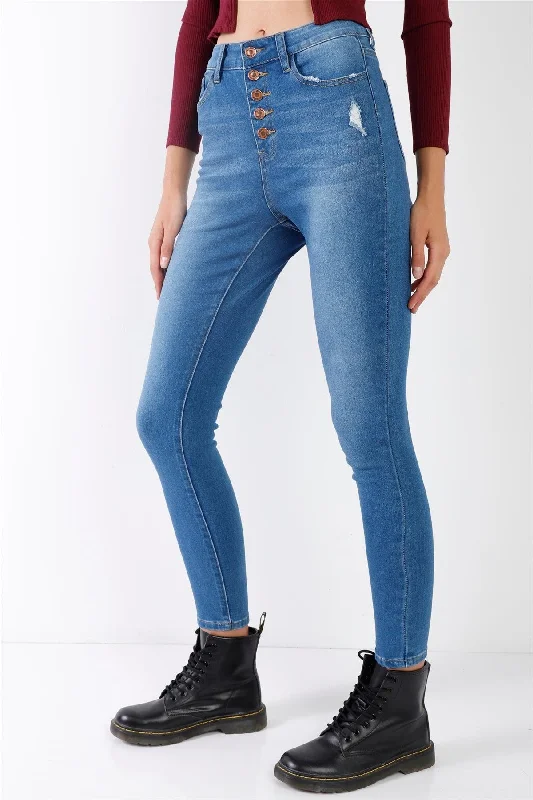 Mid Blue High-Waisted Button Fly Skinny Denim Jeans /1-3-3-2-1-1-1