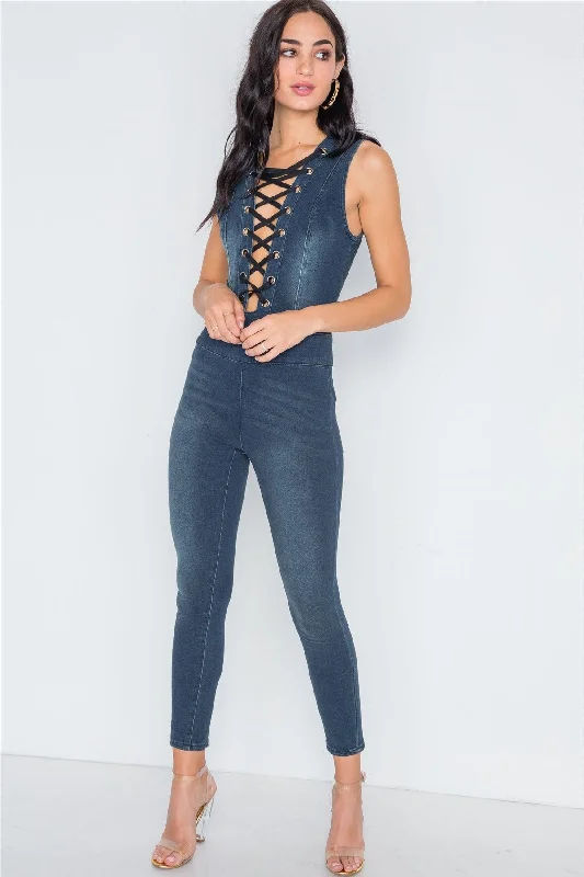 Dark Denim Stretch Lace Up Bodycon Jumpsuit