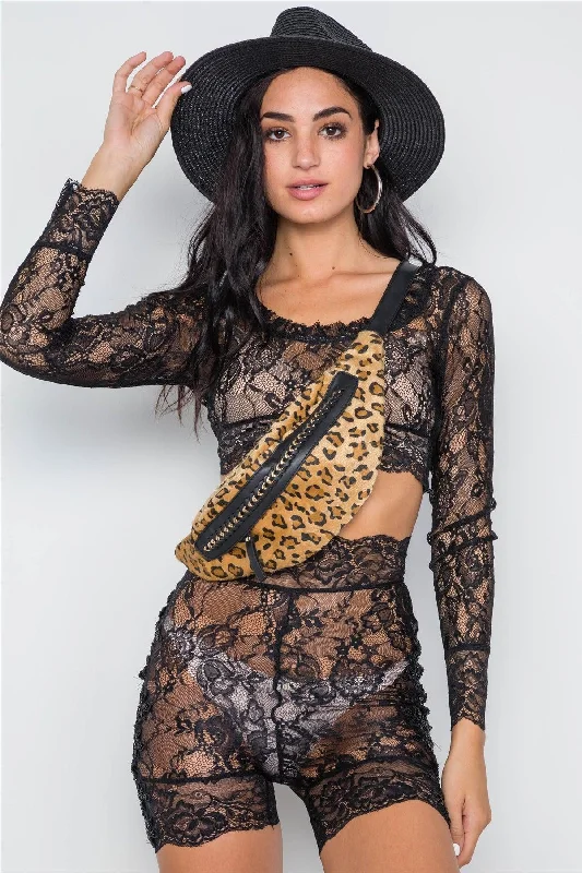 Black Floral Lace 2 Piece Biker Shorts Crop Top Set /3-2-1