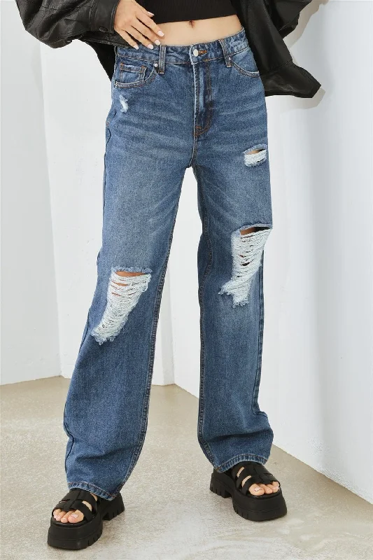 Blue Denim Five Pocket Distressed High Waist Jeans