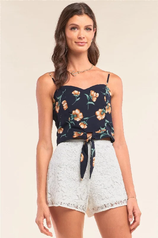 Dark Navy Multicolor Floral Print Sleeveless Heart-Shaped Neck Self-Tie Hem Front Detail Cropped Top /1-2-2-1