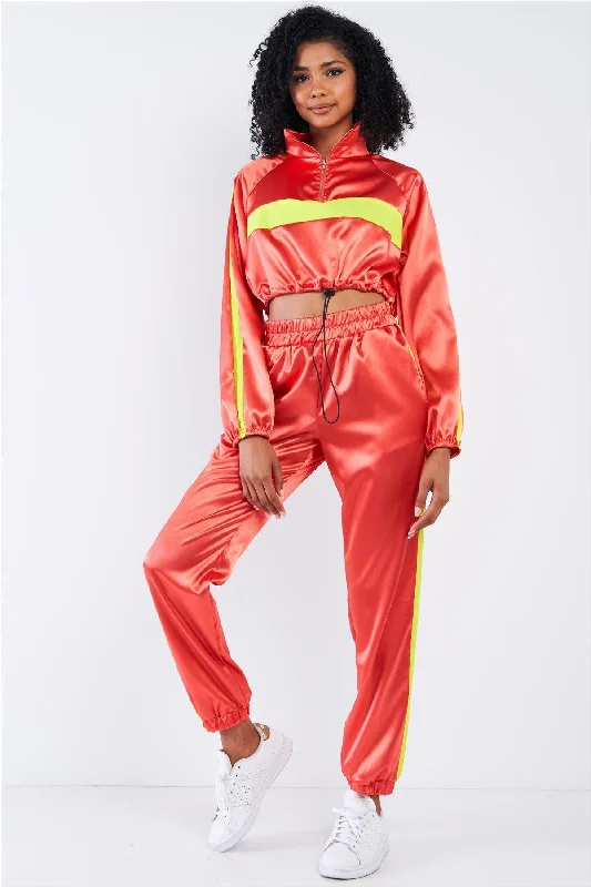 Orange Satin Neon Windbreaker Detail Crop Top Tracksuit Set  /3-2-1