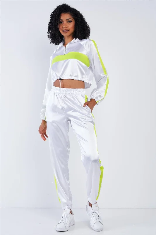 Pearl Ivory Satin Neon Windbreaker Detail Crop Top Tracksuit Set /3-2-1