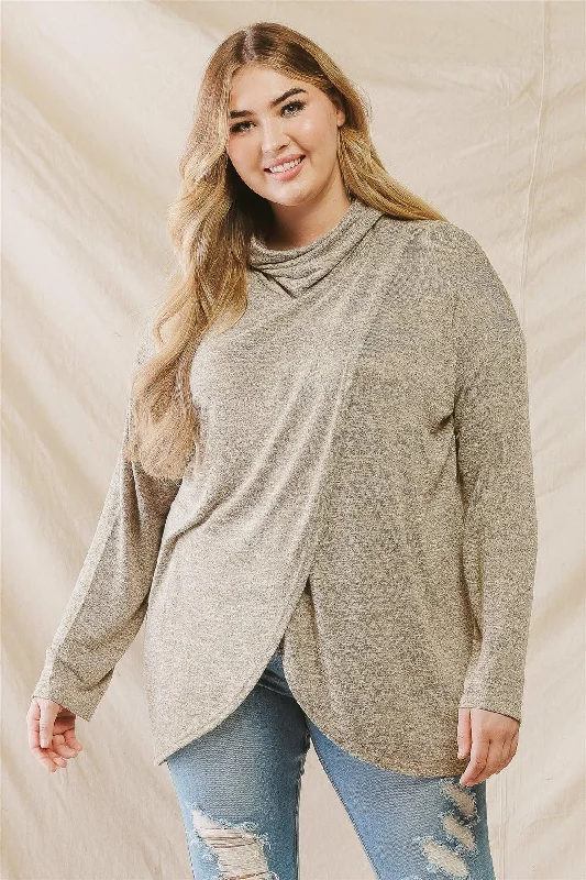 Junior Plus Taupe Turtle Neck Wrap Hem Long Sleeve Top /3-2-1