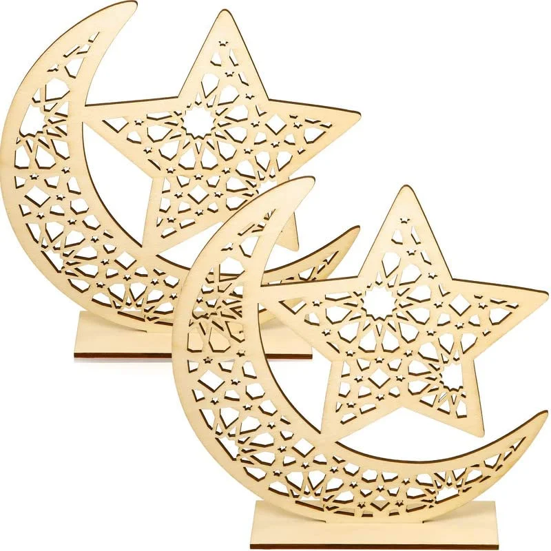 Cliths 2 Sets Eid Mubarak Wooden Ornament Ramadan Plaque Ornament Moon Star Pendant for Ramadan Mubarak Eid Decorations (Classic Style)