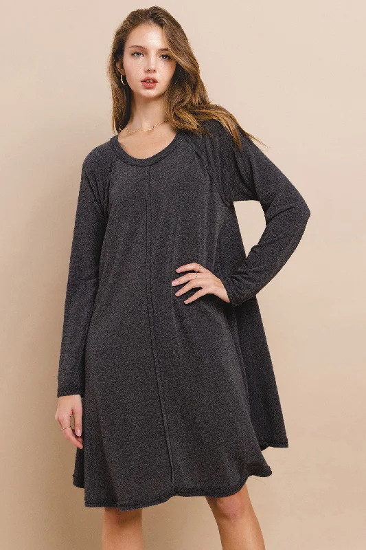 Charcoal Crew Neck Flared Fit Long Sleeve Mini Dress