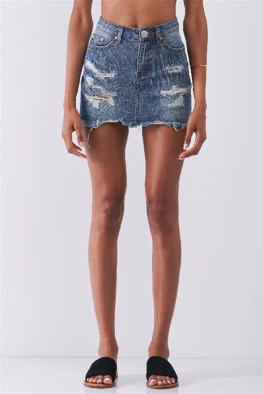 Mid Denim High Waist Distressed Raw Hem Detail Mini Skirt /3-2-1